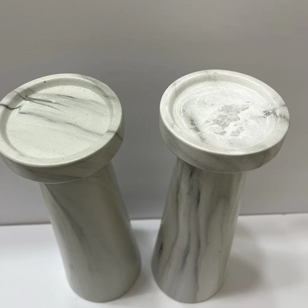 Ceramic Pillar Candle Holders Marble Look Gray White Swirl 12
